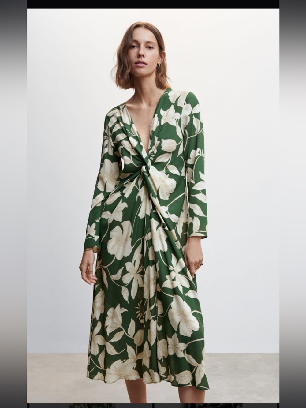 Mango Green Midi Dress with Cream Floral Print and Twist Front